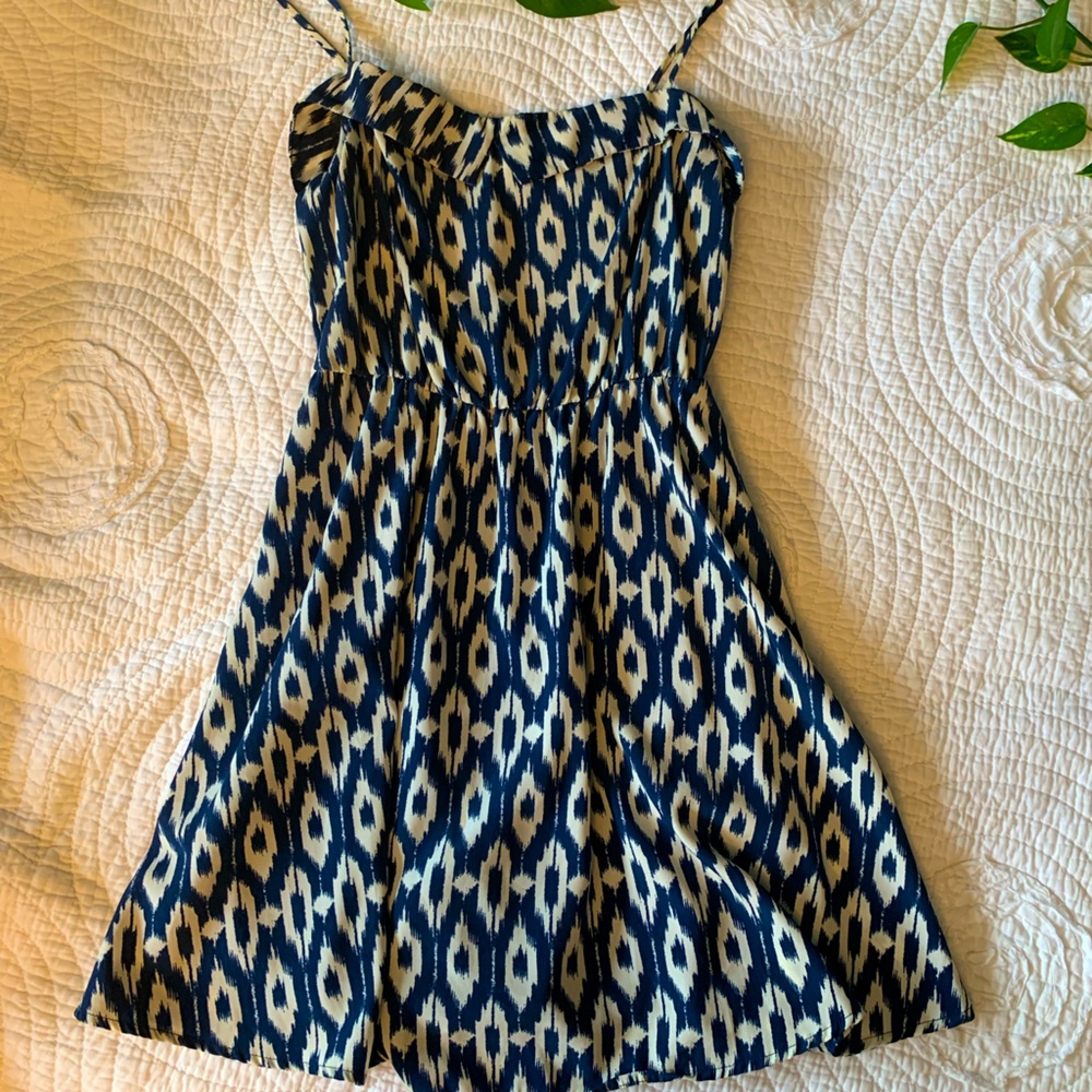 Anthropologie Bird Cage Logo Navy Blue Geometric Pattern Summer Dress